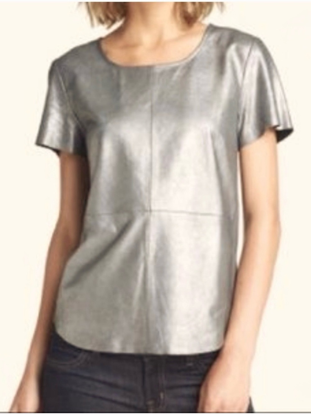 Trouvé Metallic Silver Genuine Leather Short Sleeve Top, Size M